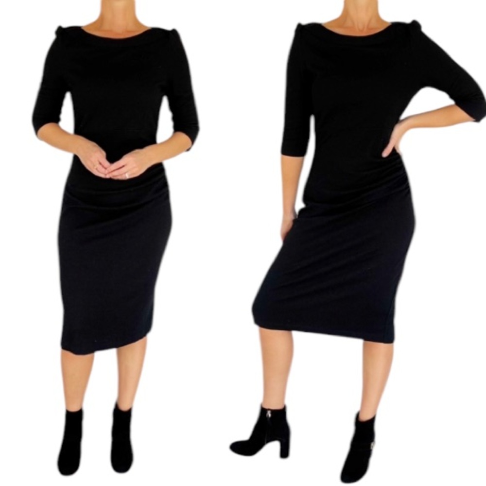 Bloomingdale’s black wool boat neck 3/4 sleeve midi sweater dress size 8